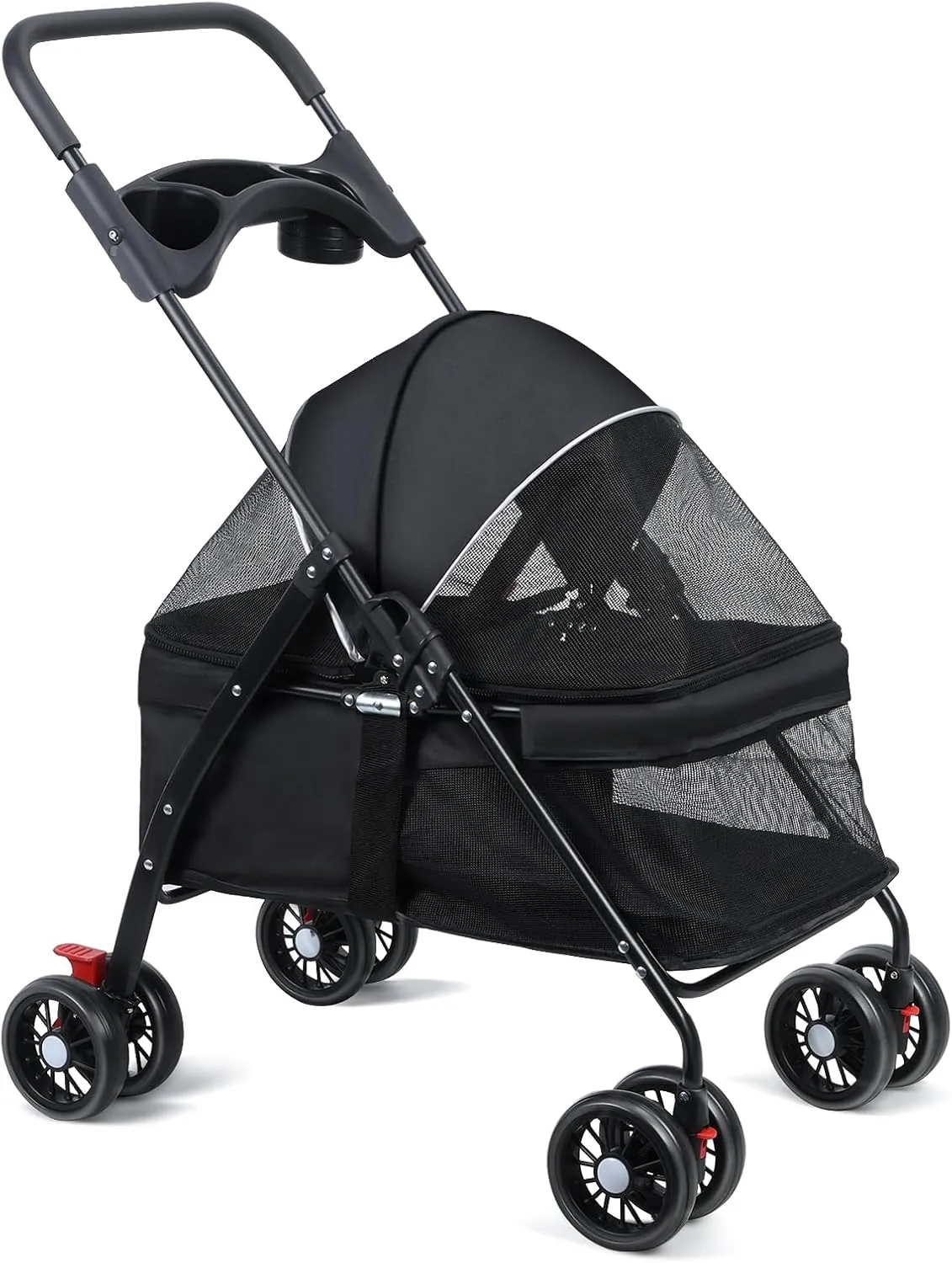 4-Wheel Pet Stroller for Dogs and Cats, Outdoor Travel Folding Stroller with Cup Holder, Breathable and Visible Mesh for Medium to Small Dogs and Cats 1 Set