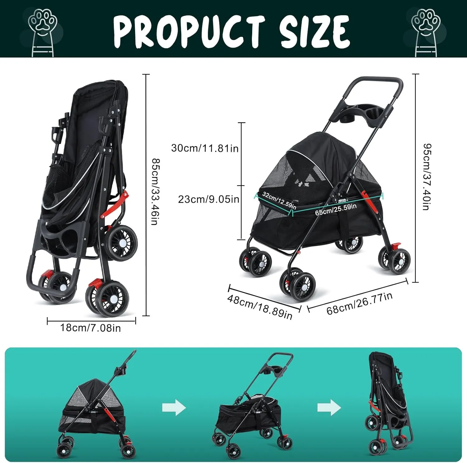 4-Wheel Pet Stroller for Dogs and Cats, Outdoor Travel Folding Stroller with Cup Holder, Breathable and Visible Mesh for Medium to Small Dogs and Cats 1 Set