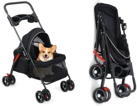 4-Wheel Pet Stroller for Dogs and Cats, Outdoor Travel Folding Stroller with Cup Holder, Breathable and Visible Mesh for Medium to Small Dogs and Cats 1 Set
