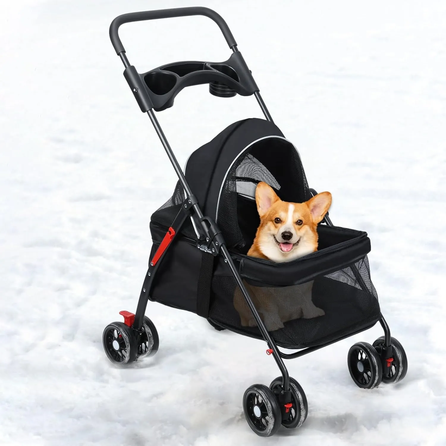 4-Wheel Pet Stroller for Dogs and Cats, Outdoor Travel Folding Stroller with Cup Holder, Breathable and Visible Mesh for Medium to Small Dogs and Cats 1 Set