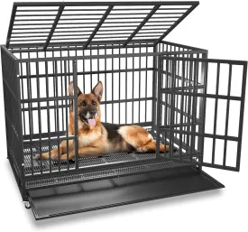 54/48/42/38 inch Heavy Duty Indestructible and Escape-Proof Dog Crate Cage Kennel for Large Dogs, High Anxiety Dog Crate with Removable Wire Trays and Wheels, Extra Large XL XXL