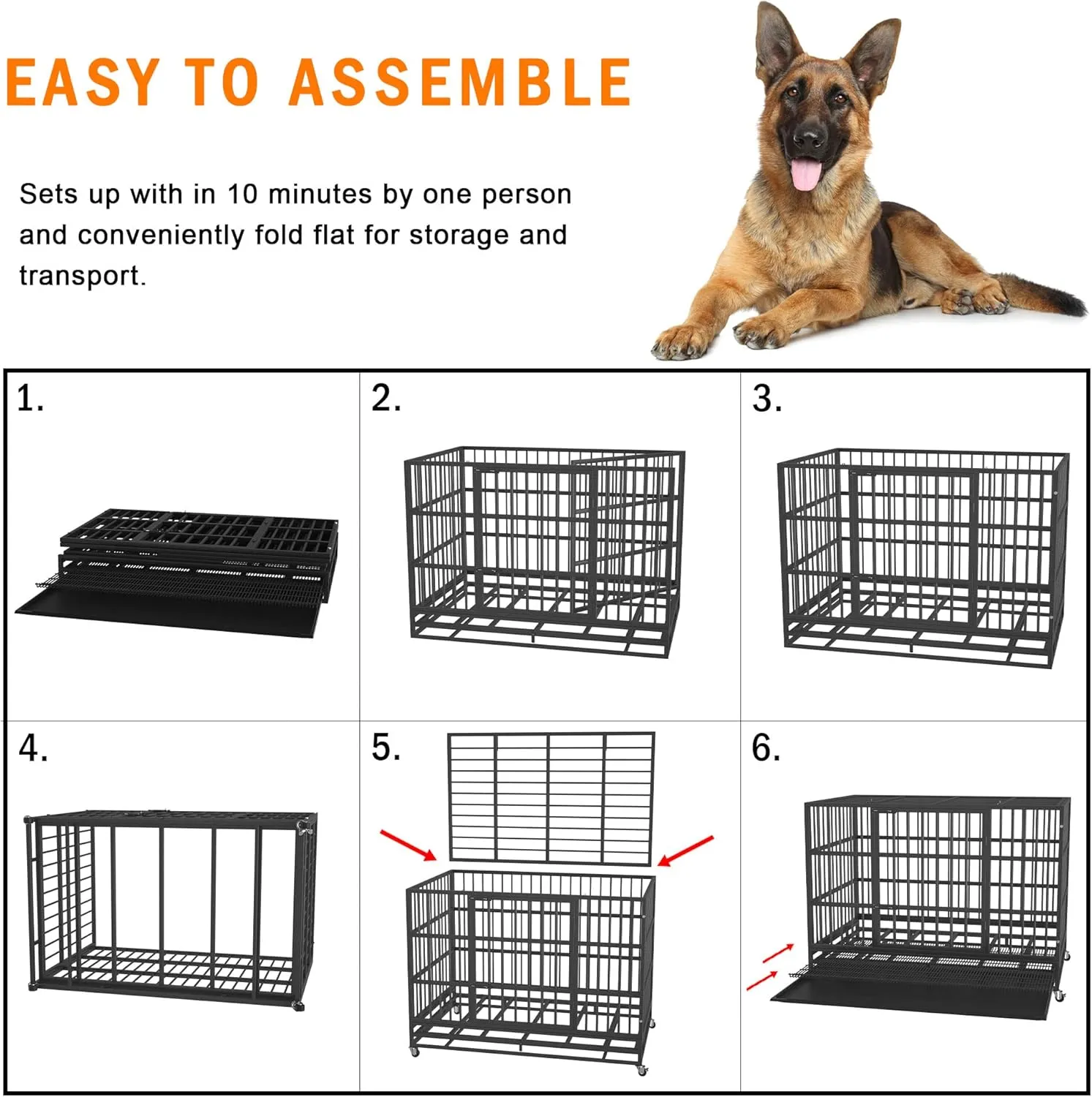 54/48/42/38 inch Heavy Duty Indestructible and Escape-Proof Dog Crate Cage Kennel for Large Dogs, High Anxiety Dog Crate with Removable Wire Trays and Wheels, Extra Large XL XXL