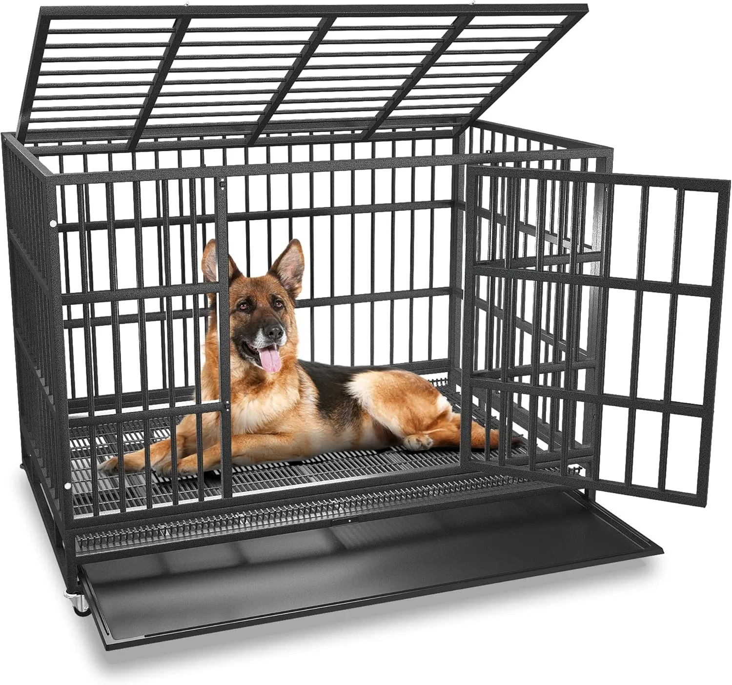 54/48/42/38 inch Heavy Duty Indestructible and Escape-Proof Dog Crate Cage Kennel for Large Dogs, High Anxiety Dog Crate with Removable Wire Trays and Wheels, Extra Large XL XXL