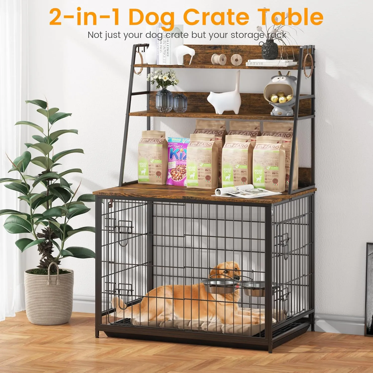 57.1" Tall Brown Dog Crate Furniture with 3-Layer Storage Shelves, Double Doors Indoor Dog Kennel with 2 Stainless Steel Bowls, Flip Top Dog Cage with Removable Tray