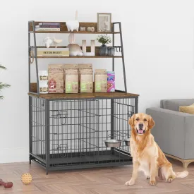 57.1" Tall Brown Dog Crate Furniture with 3-Layer Storage Shelves, Double Doors Indoor Dog Kennel with 2 Stainless Steel Bowls, Flip Top Dog Cage with Removable Tray
