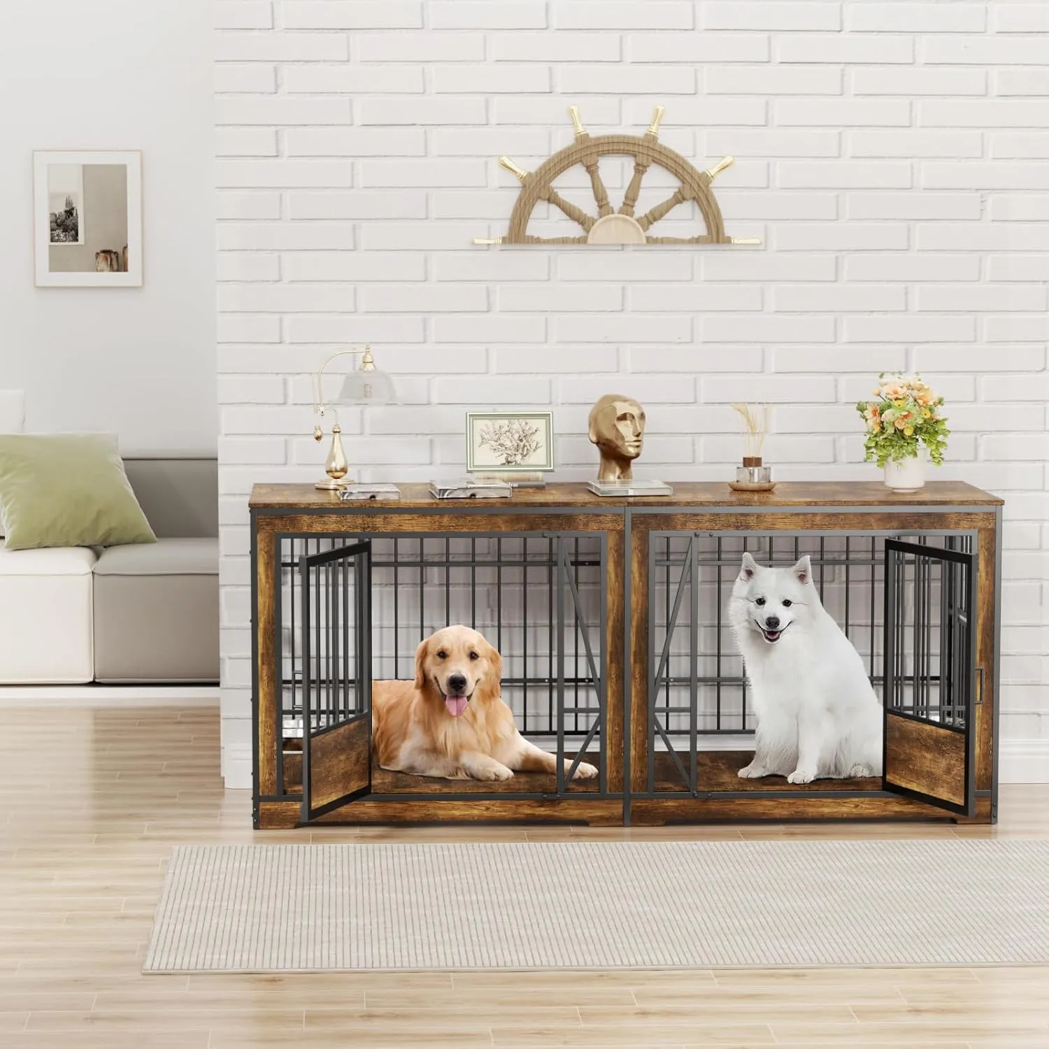 87'' Dog Cage Furniture for 2 Dogs, Large Double Dog Crate Furniture with Adjustable Divider, Heavy Duty Wooden Dog Kennel Indoor with 4 Bowls, XL Dog Crate TV Stand End Table for Large Breed, Brown