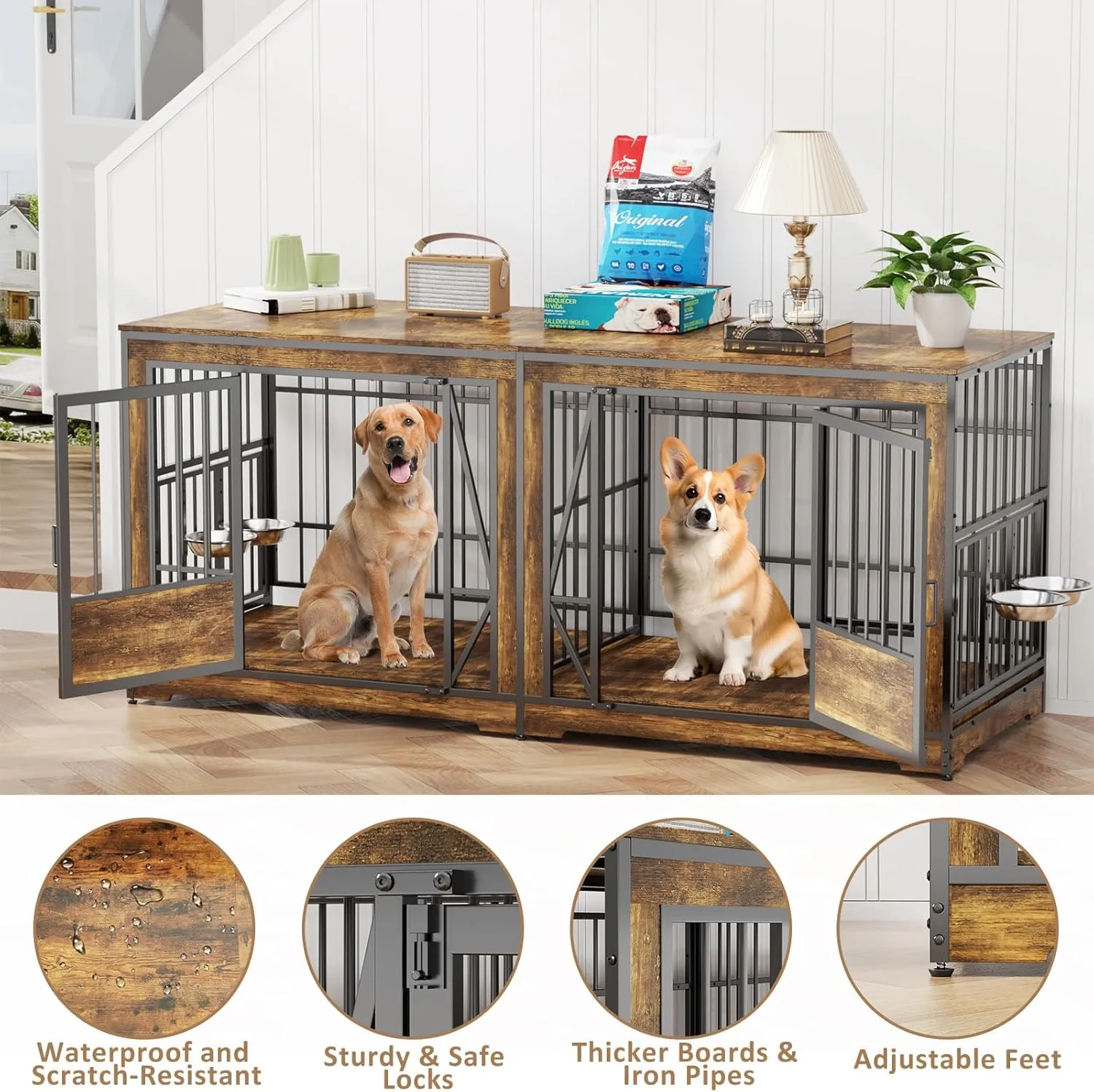 87'' Dog Cage Furniture for 2 Dogs, Large Double Dog Crate Furniture with Adjustable Divider, Heavy Duty Wooden Dog Kennel Indoor with 4 Bowls, XL Dog Crate TV Stand End Table for Large Breed, Brown