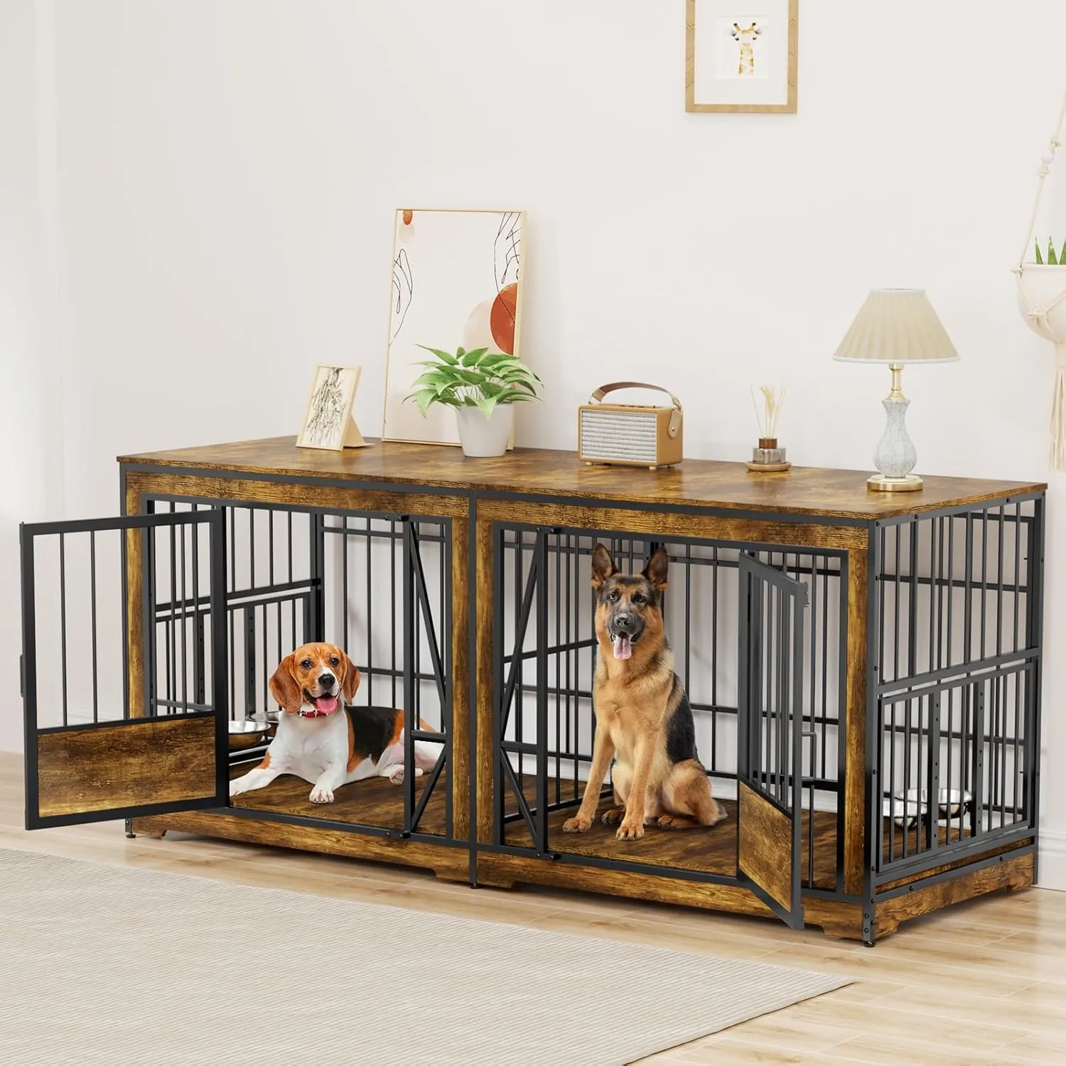 87'' Dog Cage Furniture for 2 Dogs, Large Double Dog Crate Furniture with Adjustable Divider, Heavy Duty Wooden Dog Kennel Indoor with 4 Bowls, XL Dog Crate TV Stand End Table for Large Breed, Brown
