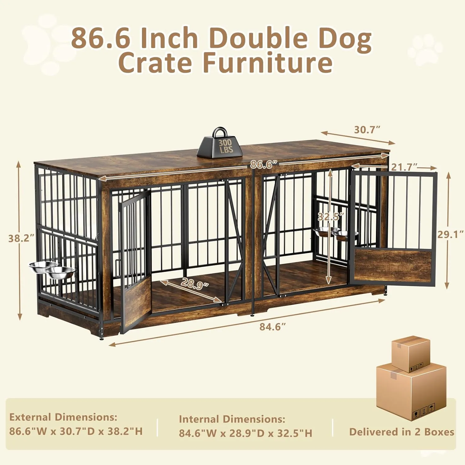 87'' Dog Cage Furniture for 2 Dogs, Large Double Dog Crate Furniture with Adjustable Divider, Heavy Duty Wooden Dog Kennel Indoor with 4 Bowls, XL Dog Crate TV Stand End Table for Large Breed, Brown