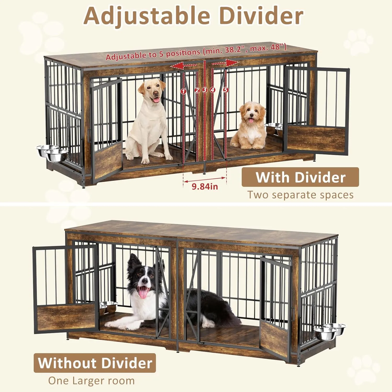 87'' Dog Cage Furniture for 2 Dogs, Large Double Dog Crate Furniture with Adjustable Divider, Heavy Duty Wooden Dog Kennel Indoor with 4 Bowls, XL Dog Crate TV Stand End Table for Large Breed, Brown