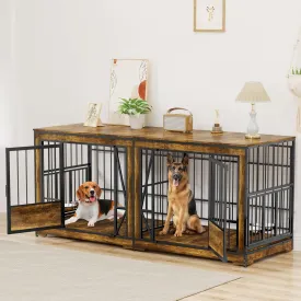 87'' Dog Cage Furniture for 2 Dogs, Large Double Dog Crate Furniture with Adjustable Divider, Heavy Duty Wooden Dog Kennel Indoor with 4 Bowls, XL Dog Crate TV Stand End Table for Large Breed, Brown