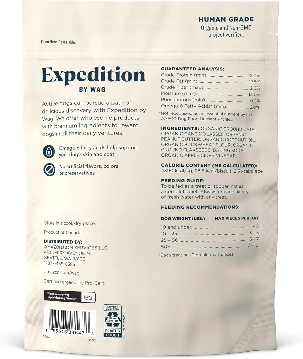 Amazon Brand - Wag Expedition Human Grade Organic Biscuits Dog Treats, Non-GMO, Peanut Butter, 10oz
