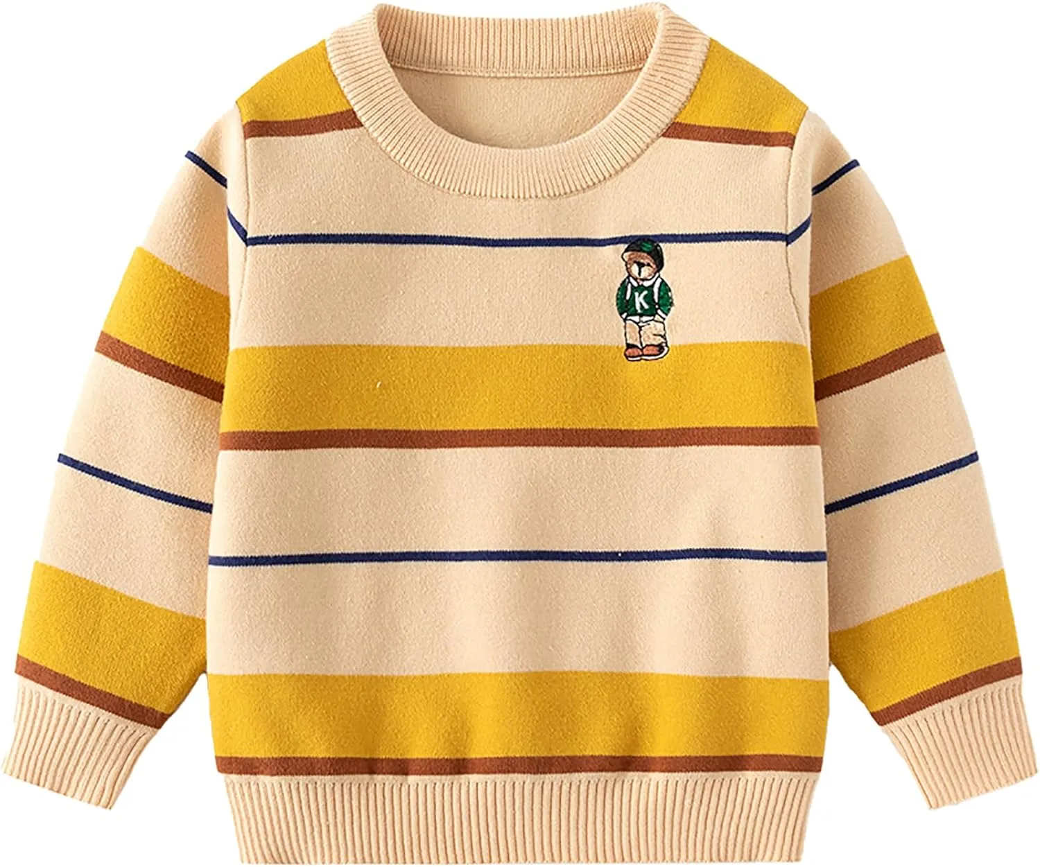 Baby Boys Knit Sweater Round Striped Cotton Cartoon Animal Pullover Sweatshirt
