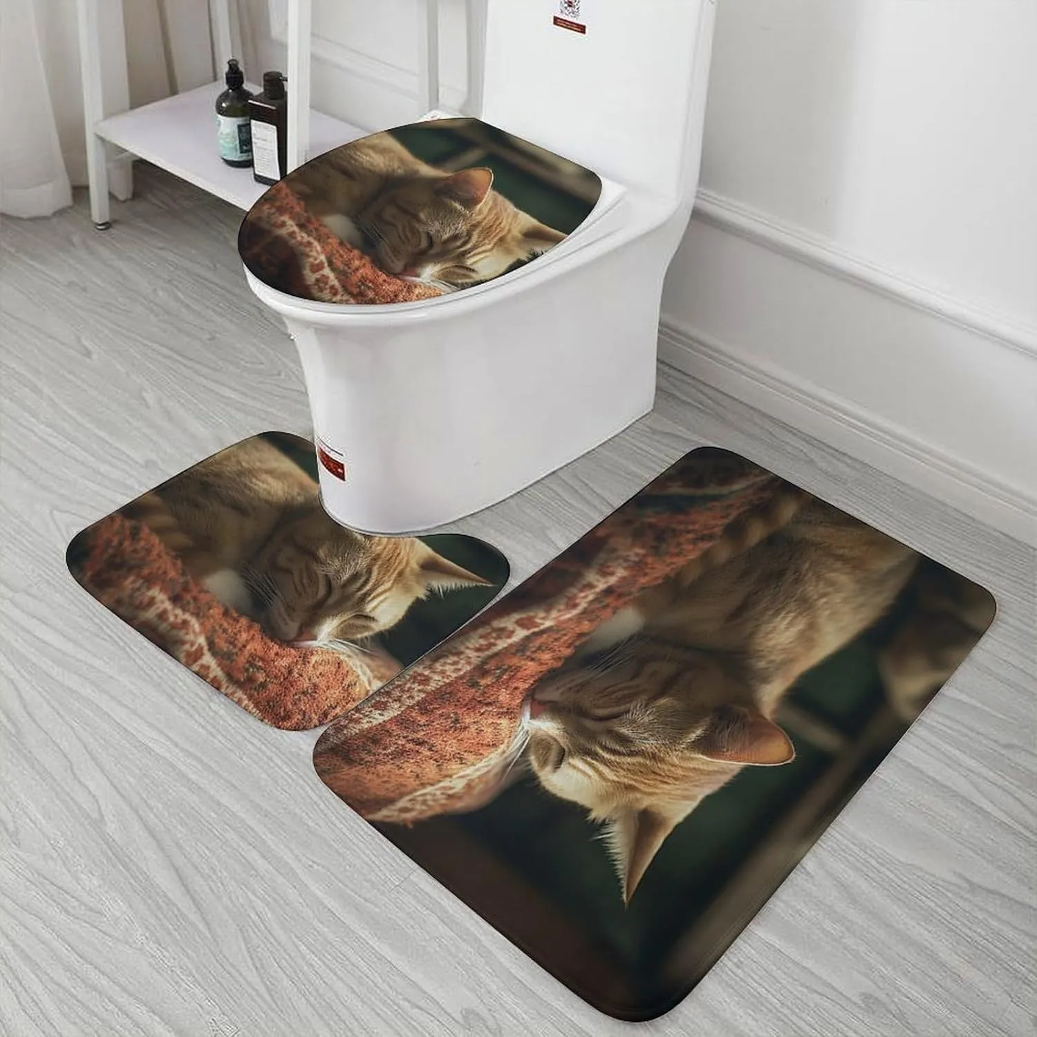 Bathroom Rugs Set 3 Piece Bath Mat Set Non-Slip Bath Mat Sleeping Cat Bath Rugs Washable Bathroom Mats for Home Decor Bathroom Rug for Shower Tub