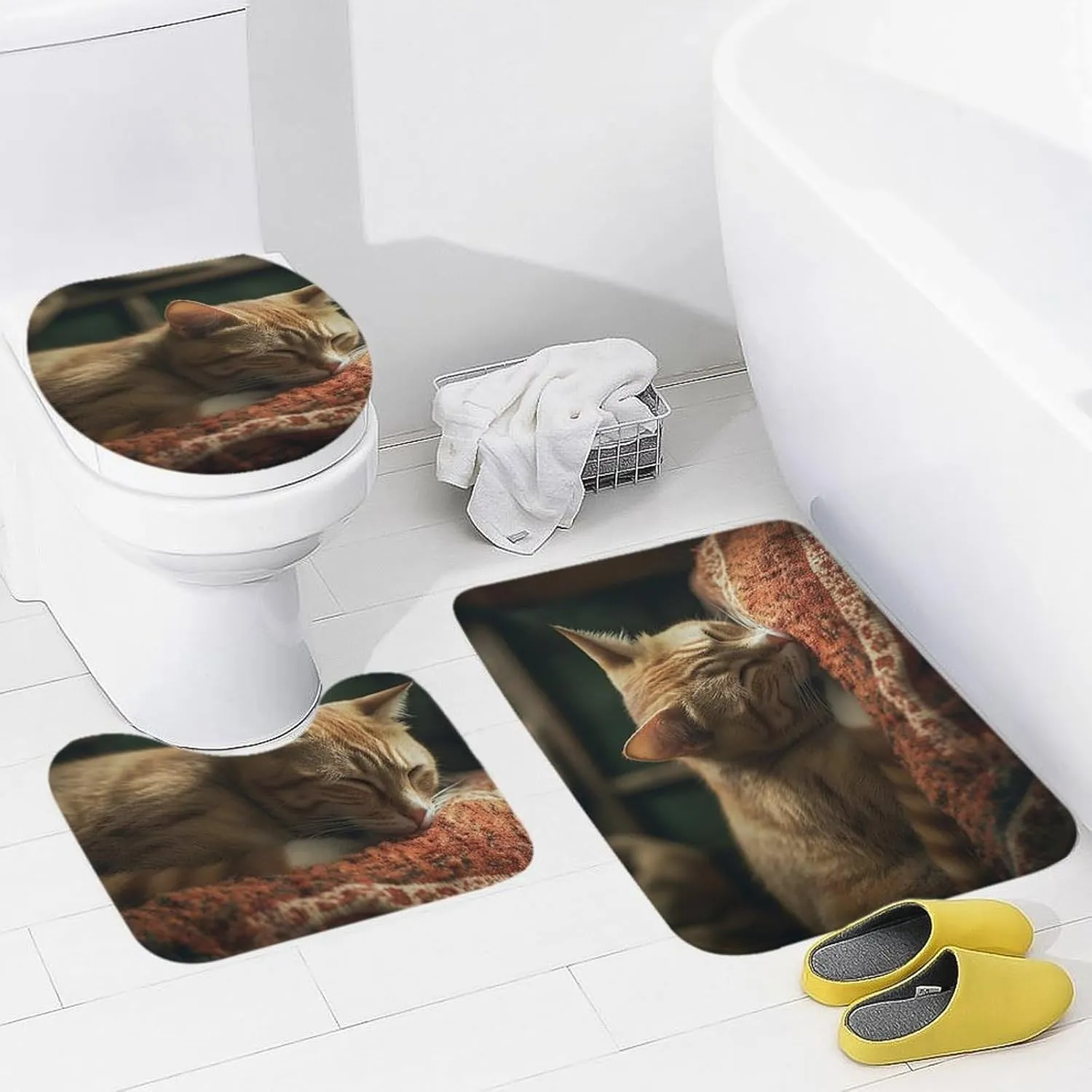 Bathroom Rugs Set 3 Piece Bath Mat Set Non-Slip Bath Mat Sleeping Cat Bath Rugs Washable Bathroom Mats for Home Decor Bathroom Rug for Shower Tub