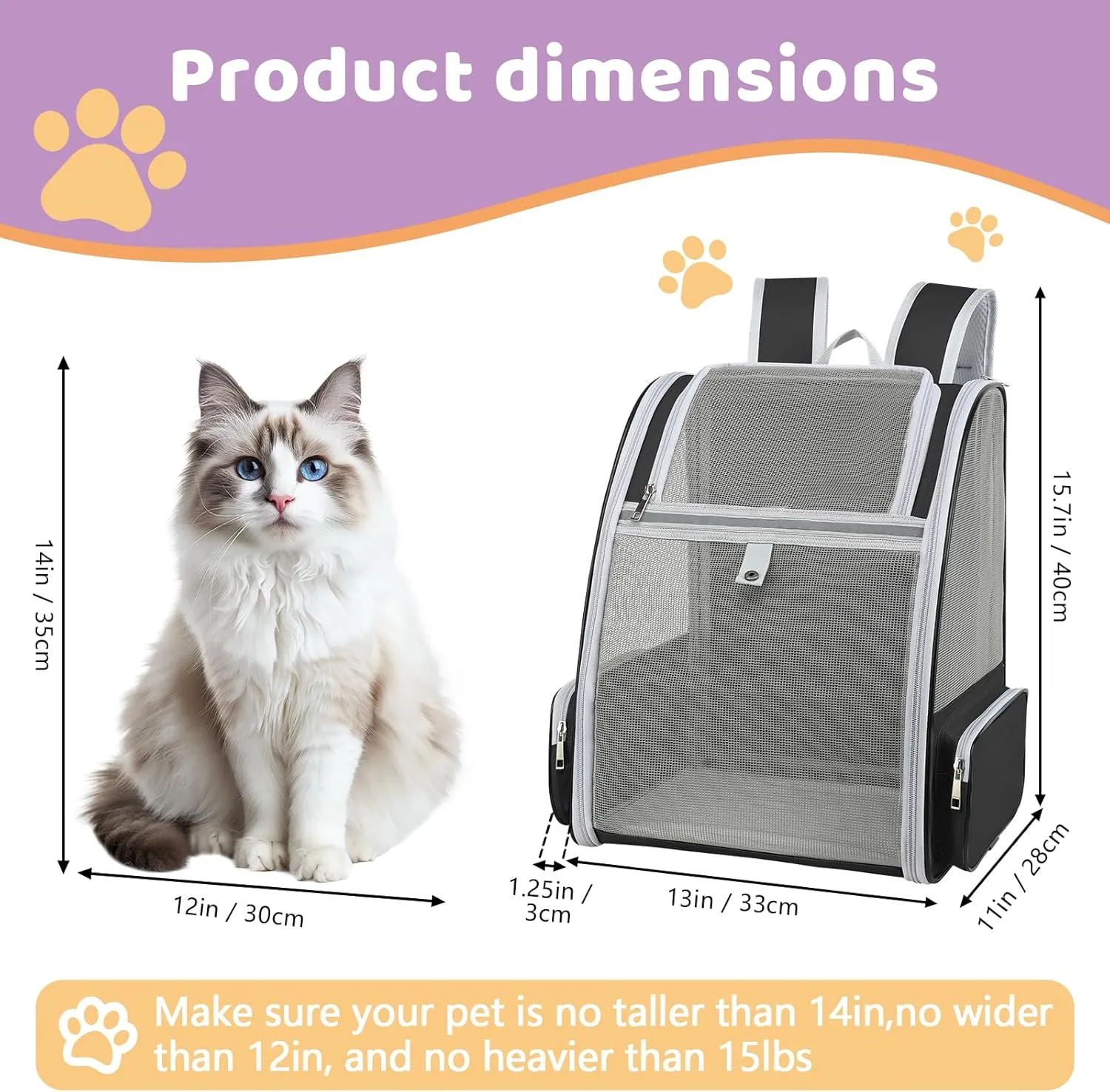 Cat Backpack Carrier Large Pet Backpack for Small Dog Medium Cat Puppy Kitten Bunny up to 15lbs, Ventilated Mesh Dog Collapsible Travel Backpack for Hiking Walking Outdoor