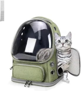 Cat Carrier with Groomer, Breathable Cat Bubble Carrier for Cats or Small Dogs up to 20 lbs, Collapsible Airline Approved, Clear Cat Travel Backpack (Green)
