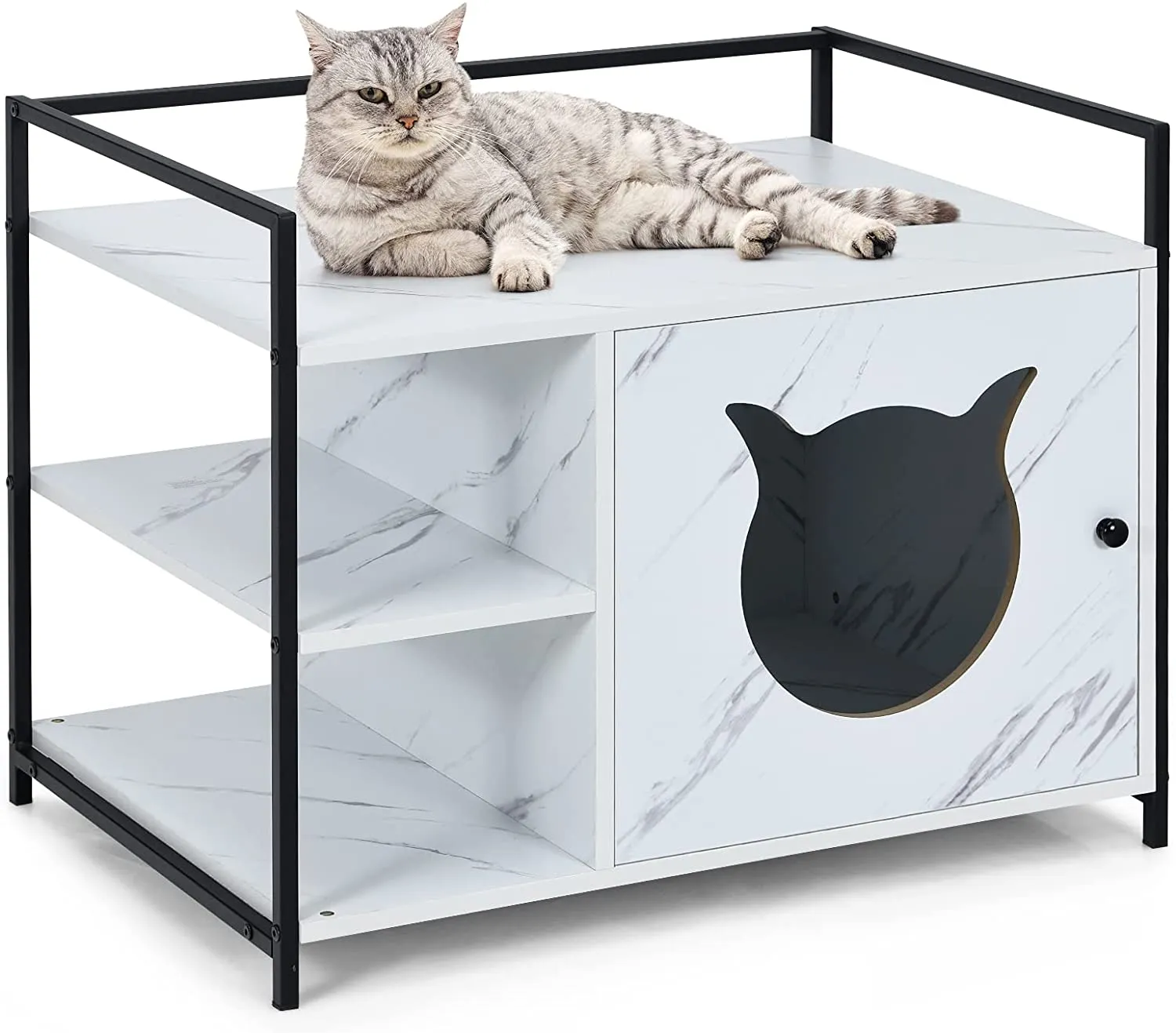 Cat Litter Box Enclosure, 2-in-1 Hidden Cat Washroom & Side Table W/ 2-Tier Storage Shelf