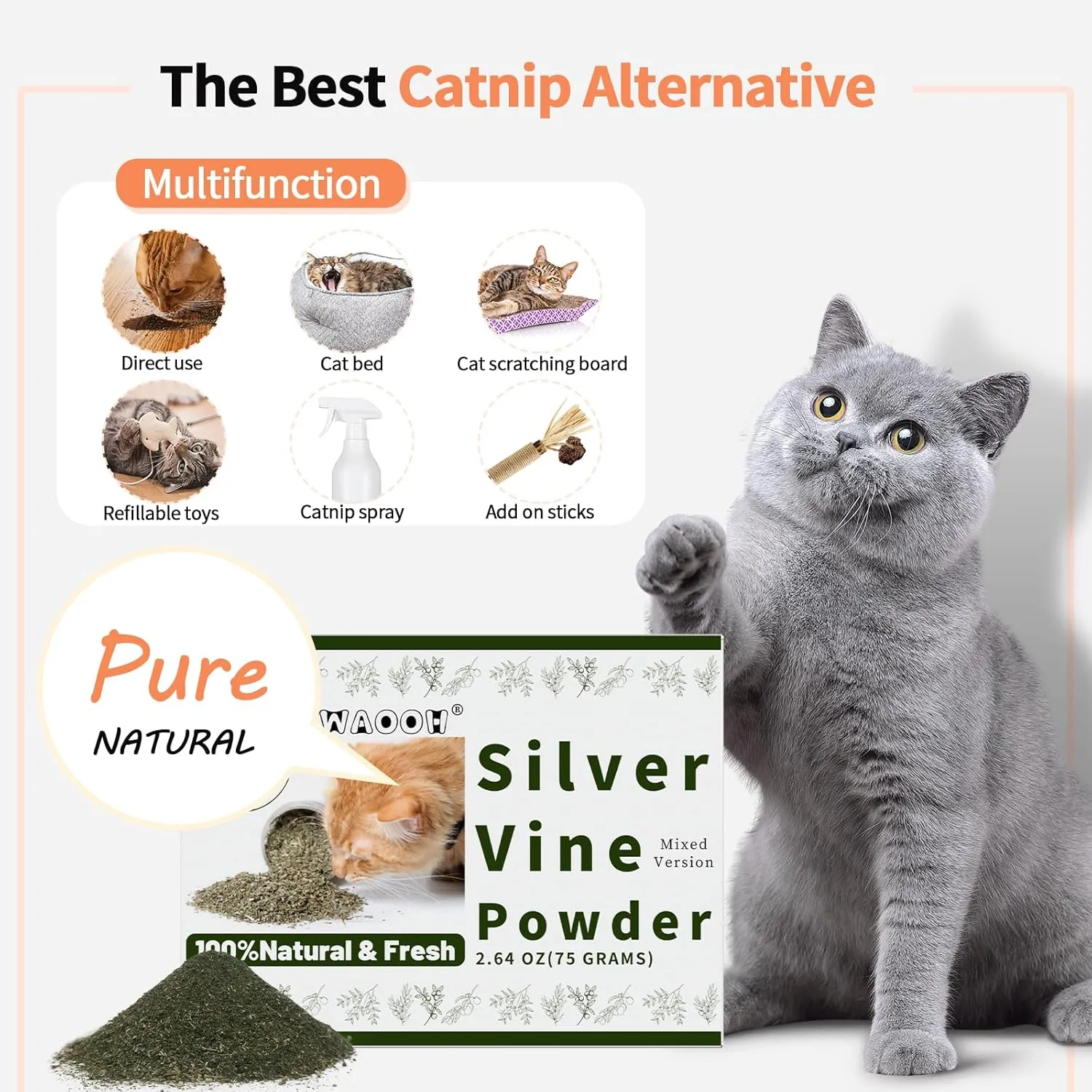 Cat Toys - Blend Silvervine Powder 75g with 5 Pouches, Catnip Alternative, 100% Natural Silver Vine Gall Fruit Powder & Silvervine Leaves, Suitable for All Cat Ages