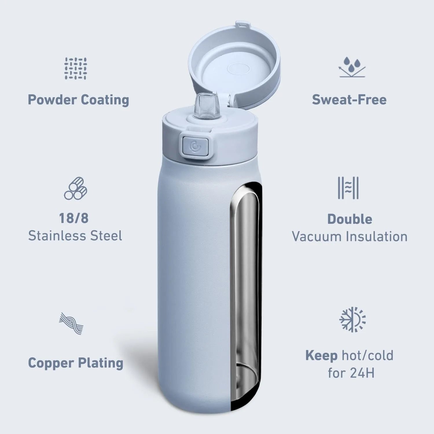COKTIK 32 oz Insulated Water Bottle for Travel, Double Walled Vacuum Stainless Steel water bottles with straw, Free sip, Flip lid, Thermos, water bottle, Keep Drink or coffee Hot/Cold, 32oz, Blue