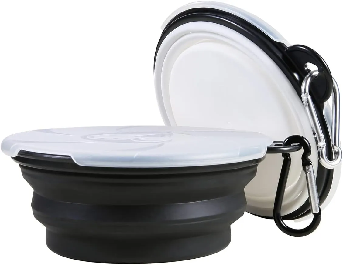 Collapsible Dog Bowl,2 Pack Portable and Foldable Pet Travel Bowls Collapsable Dog Water Feeding Bowls Dish for Dogs Cats and Small Animals,with Lids (Small, Black White)
