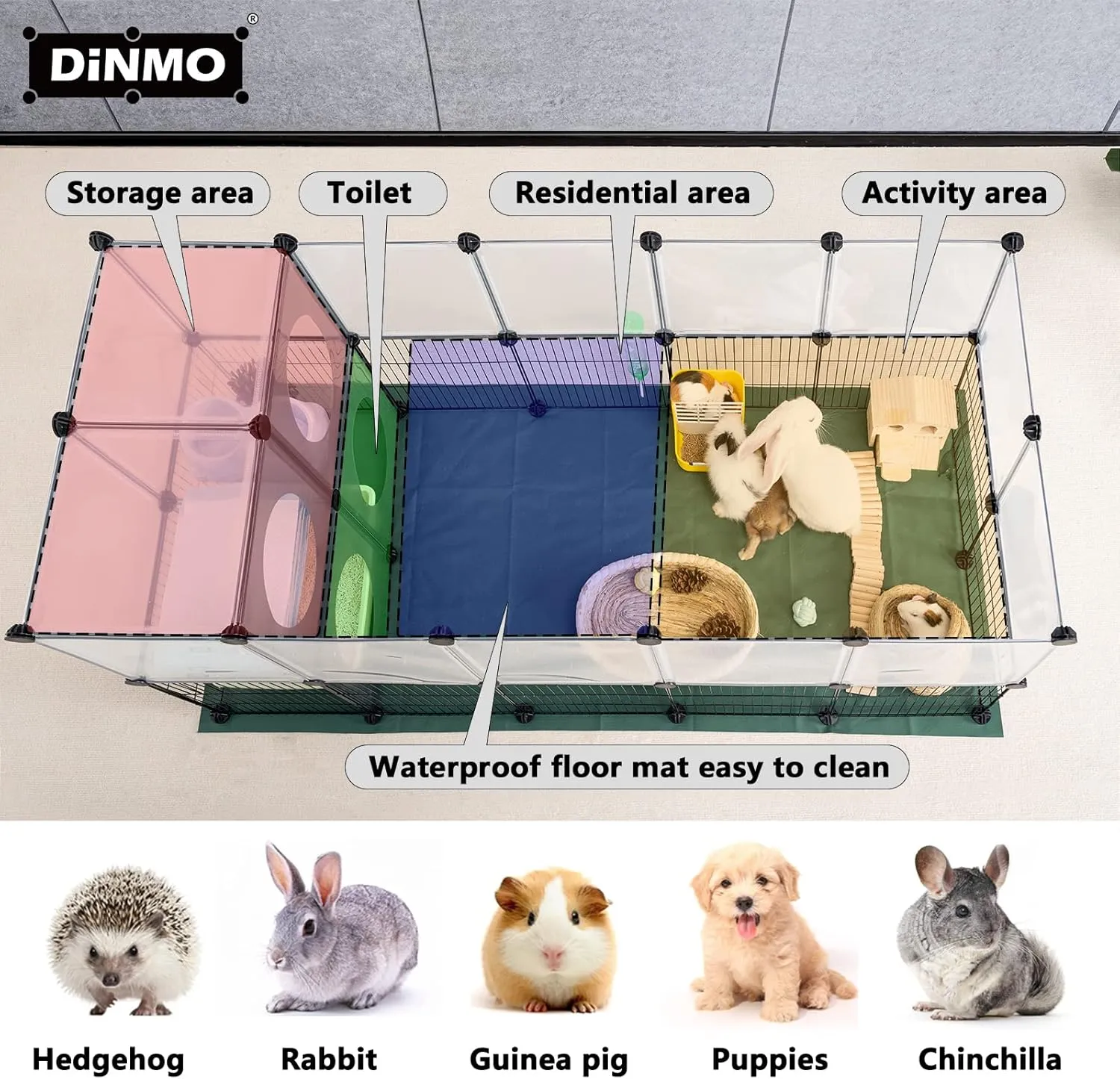 DINMO Small Animal Playpen with Oxford Mat, 24 inches Height, Pet Exercise Fence, Home Protector, Iron Mesh and Plastic Combination, Visualization, DIY, Games Hole Series, 60.2 x 24.8 x 24.8inch