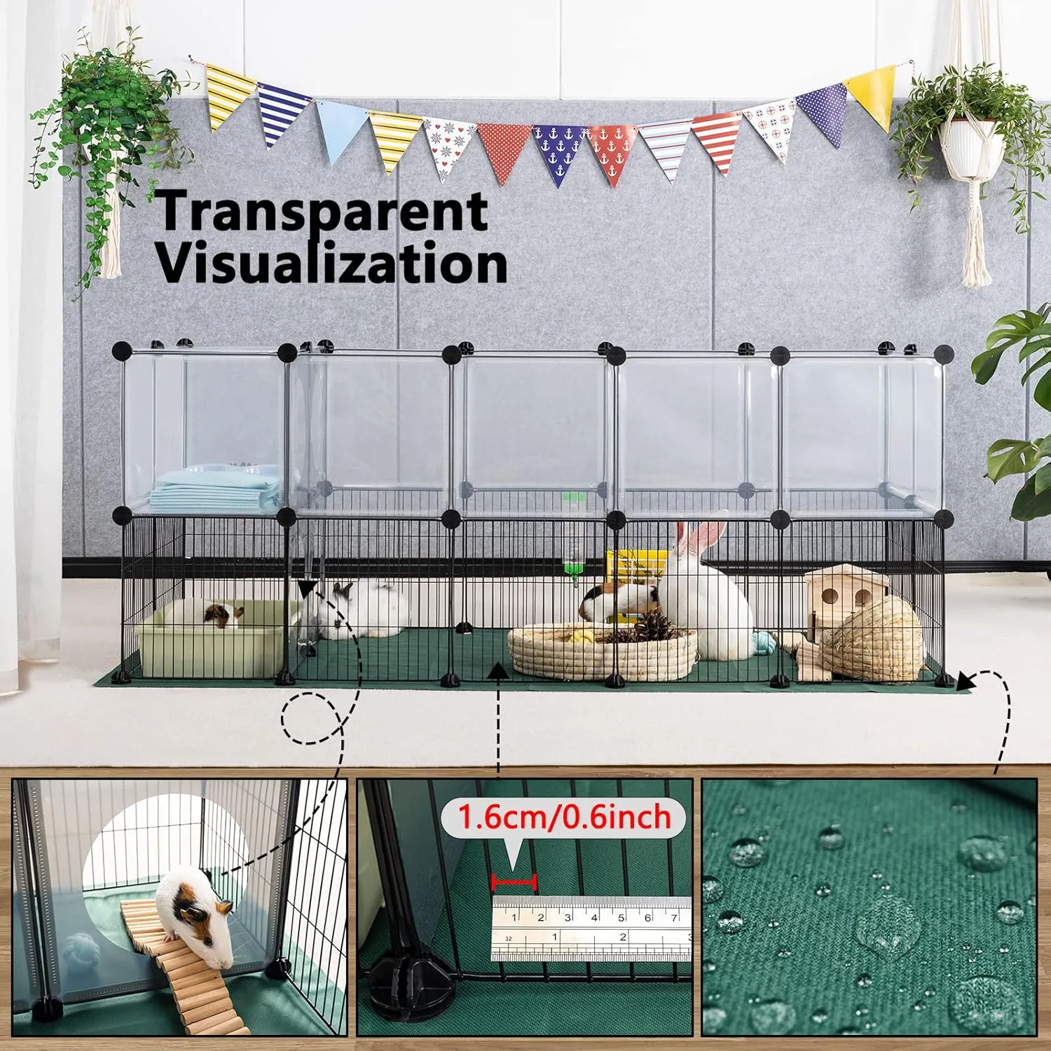 DINMO Small Animal Playpen with Oxford Mat, 24 inches Height, Pet Exercise Fence, Home Protector, Iron Mesh and Plastic Combination, Visualization, DIY, Games Hole Series, 60.2 x 24.8 x 24.8inch