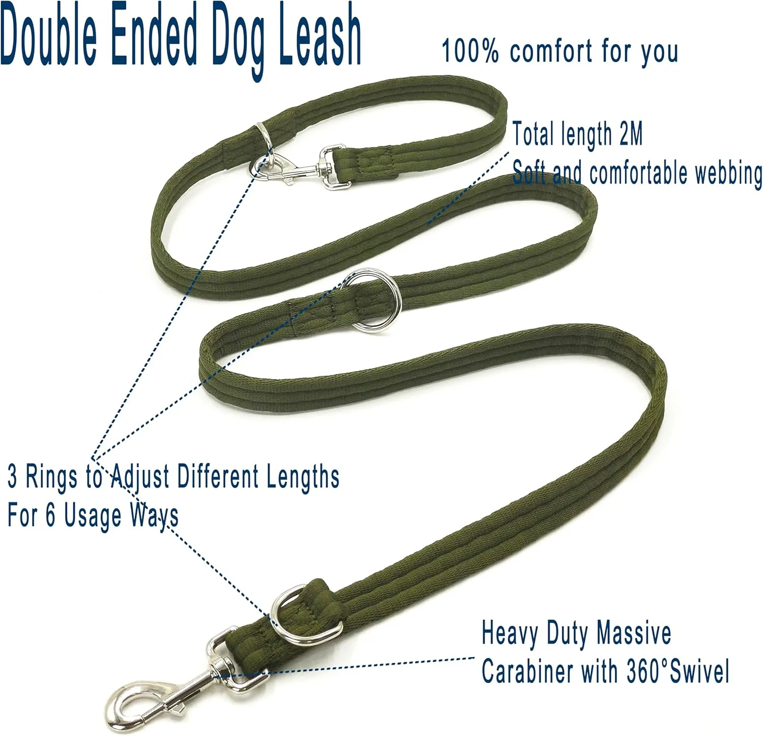Dog Leash-Multifunctional Double Ended,for Obedience Training Or Distance Work Easy to Use,Lightweight,Soft&Durable Convertible Hands Free,Crossbody,Over Shoulder (Army Green, 2M*2.5CM)