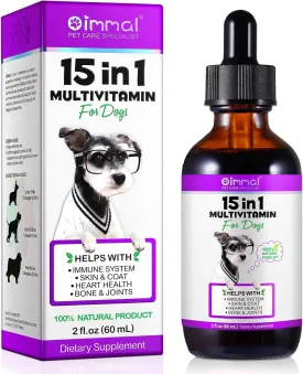 Dog Multivitamin Liquid - 15 in 1 Dog Vitamins Multivitamin, Support Skin & Coat, Heart, Bones and Joint Health, Pet Vitamins and Supplements (2 Fl Oz)