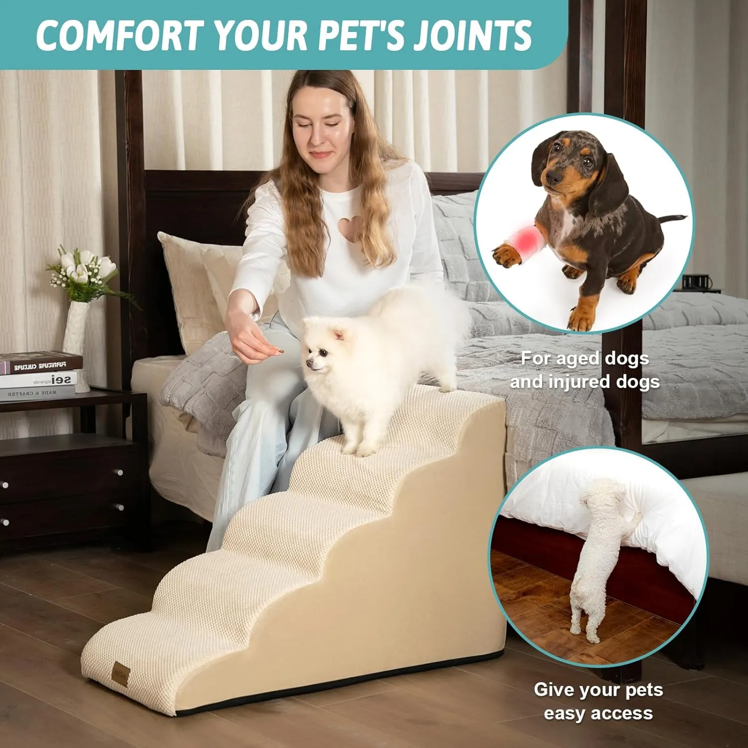 Dog Stairs for High Bed 22.6" H, Small Dog Step for Puppy, Older or Cat, Curved Ramp for Car, Ladder with High Density Foam, Lightweight, Durable, 15.7x33x22.6 inch, 5 Step, Beige