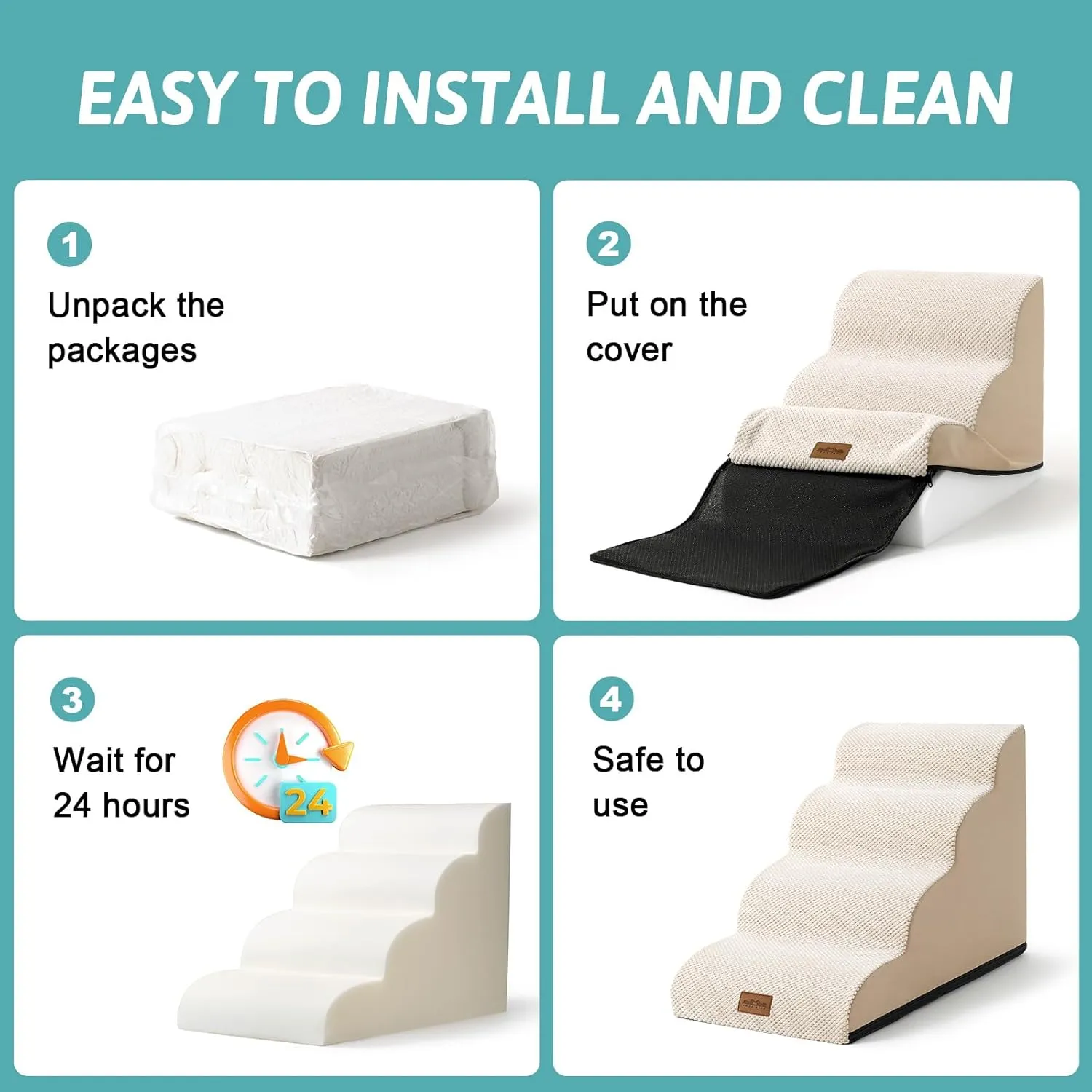Dog Stairs for High Bed 22.6" H, Small Dog Step for Puppy, Older or Cat, Curved Ramp for Car, Ladder with High Density Foam, Lightweight, Durable, 15.7x33x22.6 inch, 5 Step, Beige