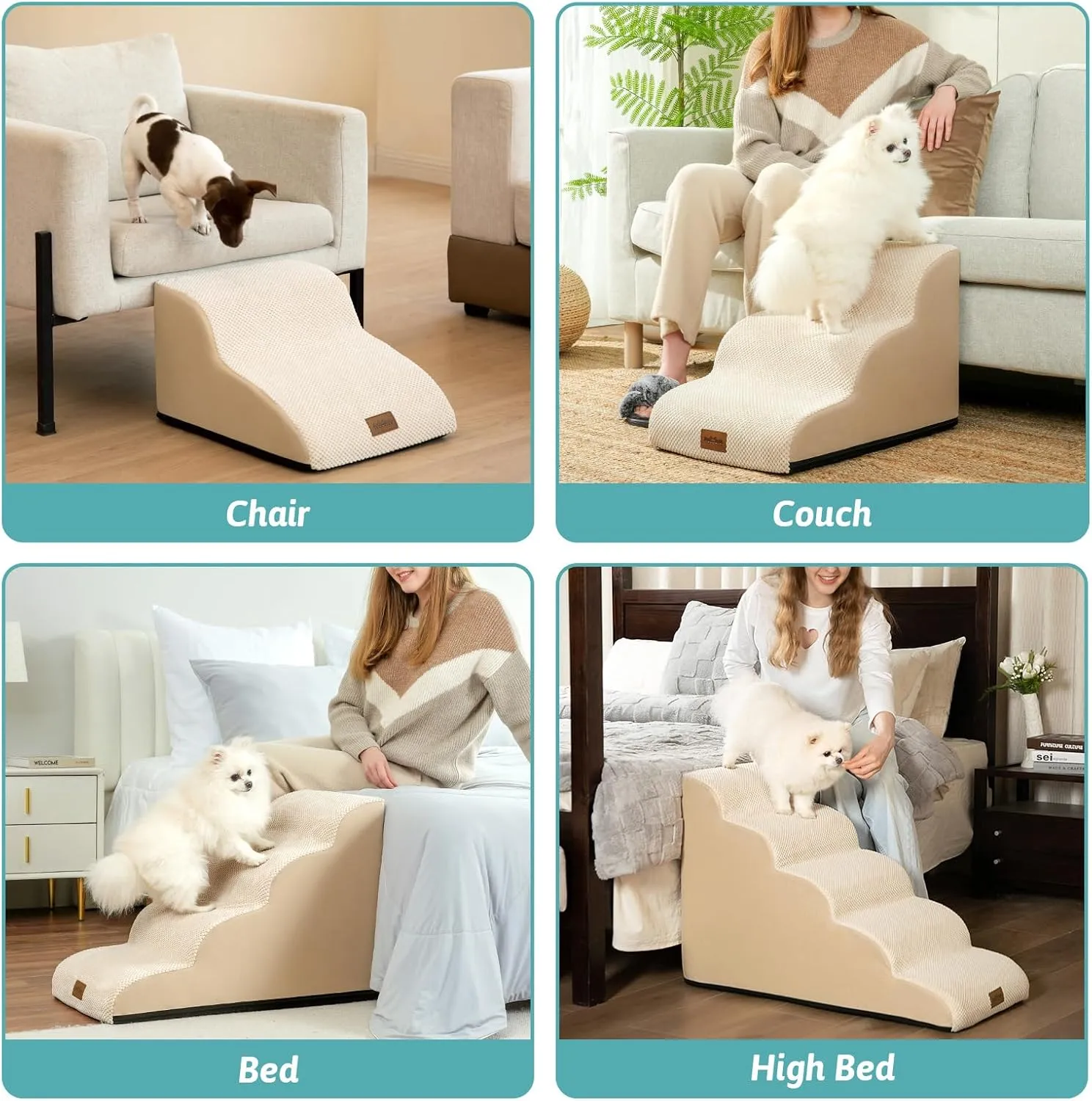 Dog Stairs for High Bed 22.6" H, Small Dog Step for Puppy, Older or Cat, Curved Ramp for Car, Ladder with High Density Foam, Lightweight, Durable, 15.7x33x22.6 inch, 5 Step, Beige
