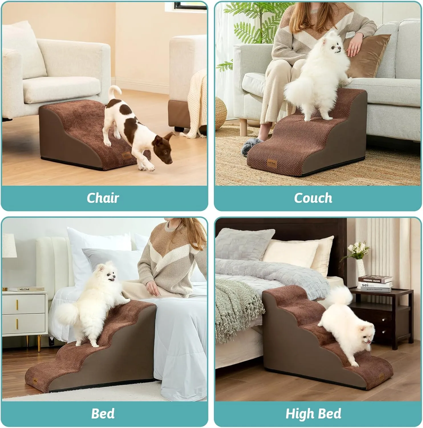 Dog Stairs for High Bed 22.6" H, Small Dog Step for Puppy, Older or Cat, Curved Ramp for Car, Ladder with High Density Foam, Lightweight, Durable, 15.7x33x22.6 inch, 5 Step, Brown