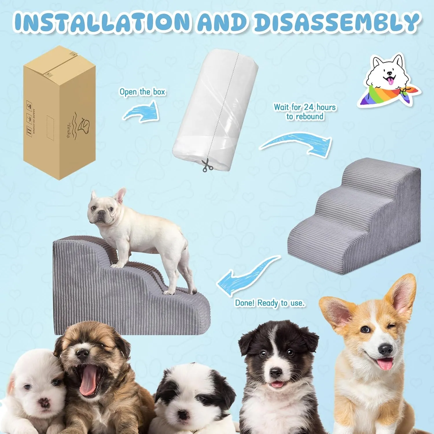 Dog Stairs Steps for High Bed: 3 Steps Pet Steps for Small Dogs and Cats Non-Slip Removable Washable Cover Ramp for Indoor Outdoor Car Couch Sofa(H: 16")
