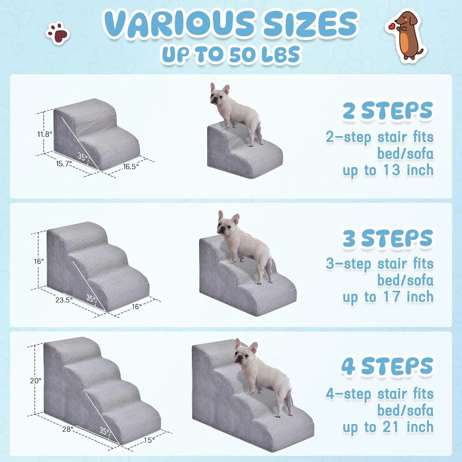 Dog Stairs Steps for High Bed: 3 Steps Pet Steps for Small Dogs and Cats Non-Slip Removable Washable Cover Ramp for Indoor Outdoor Car Couch Sofa(H: 16")