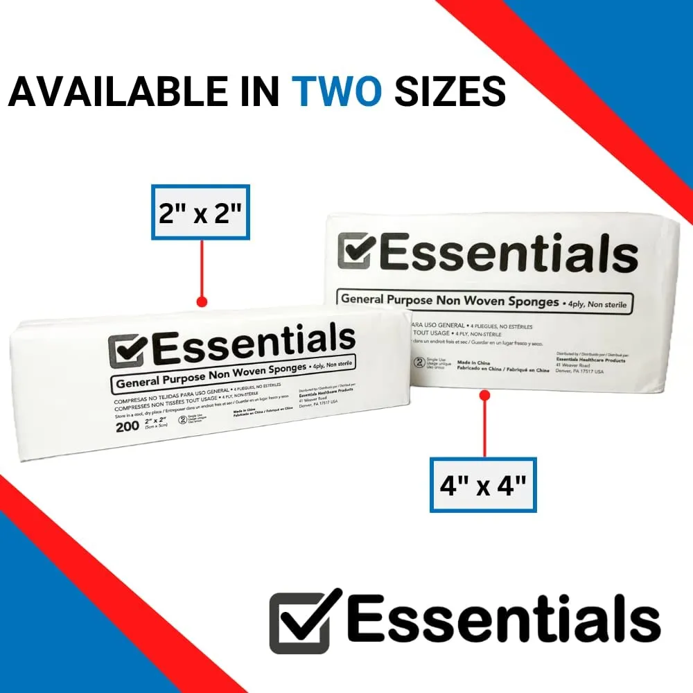Essentials Non-Sterile Gauze Sponges – 200 Count, 4-Ply, 4’’ x 4’’ Gauze Pads, One Package, Non-Woven Gauze Sponges, Wound Care Product for First Aid Kit/Medical Facilities