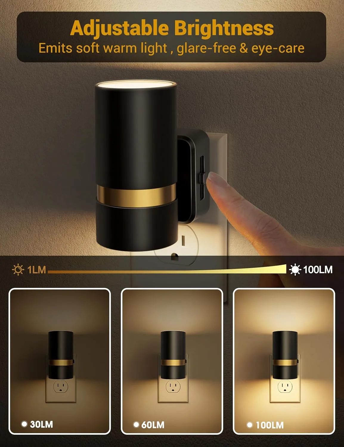 Fulighture Night Light, Night Lights Plug into Wall, Adjustable Nightlight Brightness 0-100LM, Dusk to Dawn Sensor Soft White Dimmable Night Lights for Adults Hallway Bedroom Stairway, 2 Pack