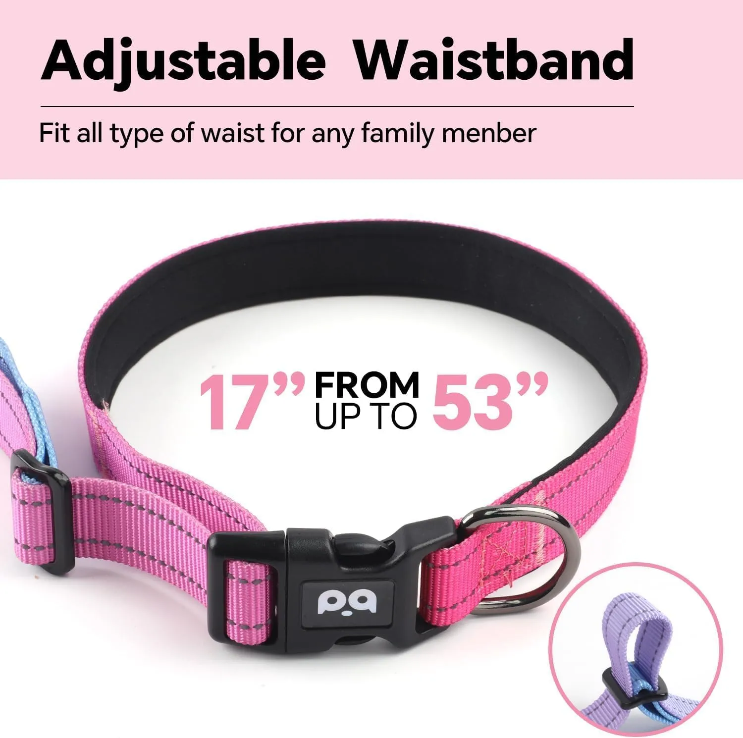 Handless Dog Leash, Adjustable Handle Bungee Leash, Hiking and Running Training, Collar Adjustable Range 17"-53", Lead Rope Length Adjustable 57 "-88 ", Gradual Rose Lead Rope