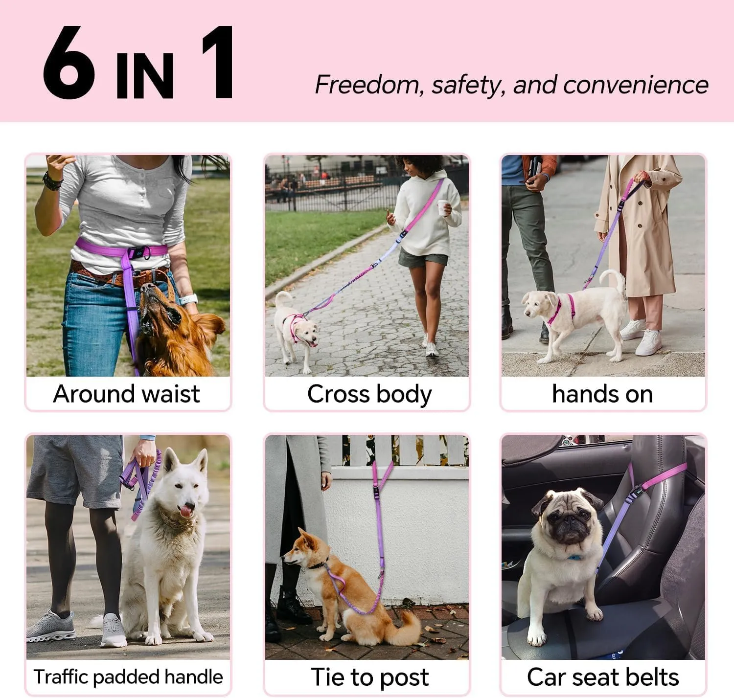 Handless Dog Leash, Adjustable Handle Bungee Leash, Hiking and Running Training, Collar Adjustable Range 17"-53", Lead Rope Length Adjustable 57 "-88 ", Gradual Rose Lead Rope