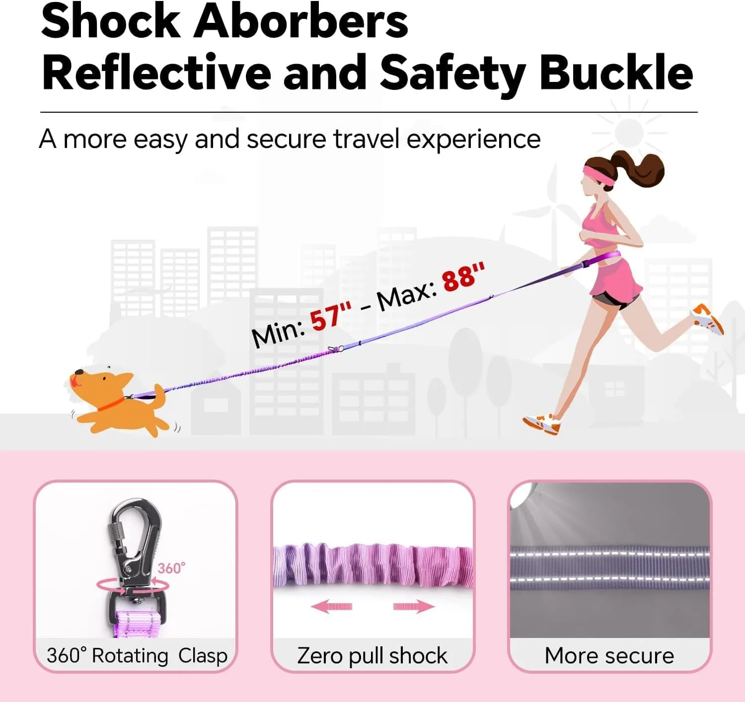 Handless Dog Leash, Adjustable Handle Bungee Leash, Hiking and Running Training, Collar Adjustable Range 17"-53", Lead Rope Length Adjustable 57 "-88 ", Gradual Rose Lead Rope
