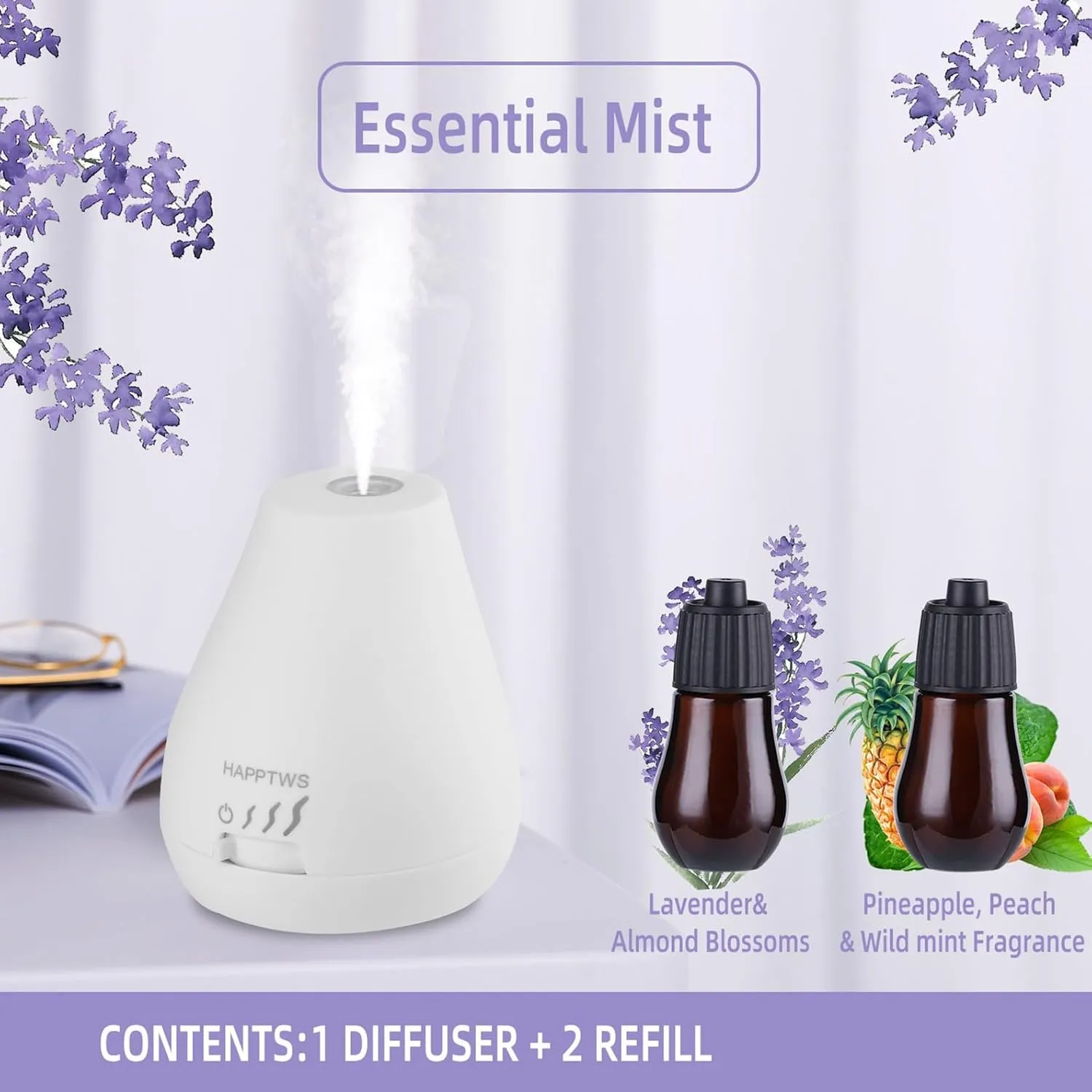 HAPPTWS Essential Oil Diffuser - Waterless Diffuser 3 Timer Settings Battery Powered for Bedroom Yoga Room Toilet Pet Room White