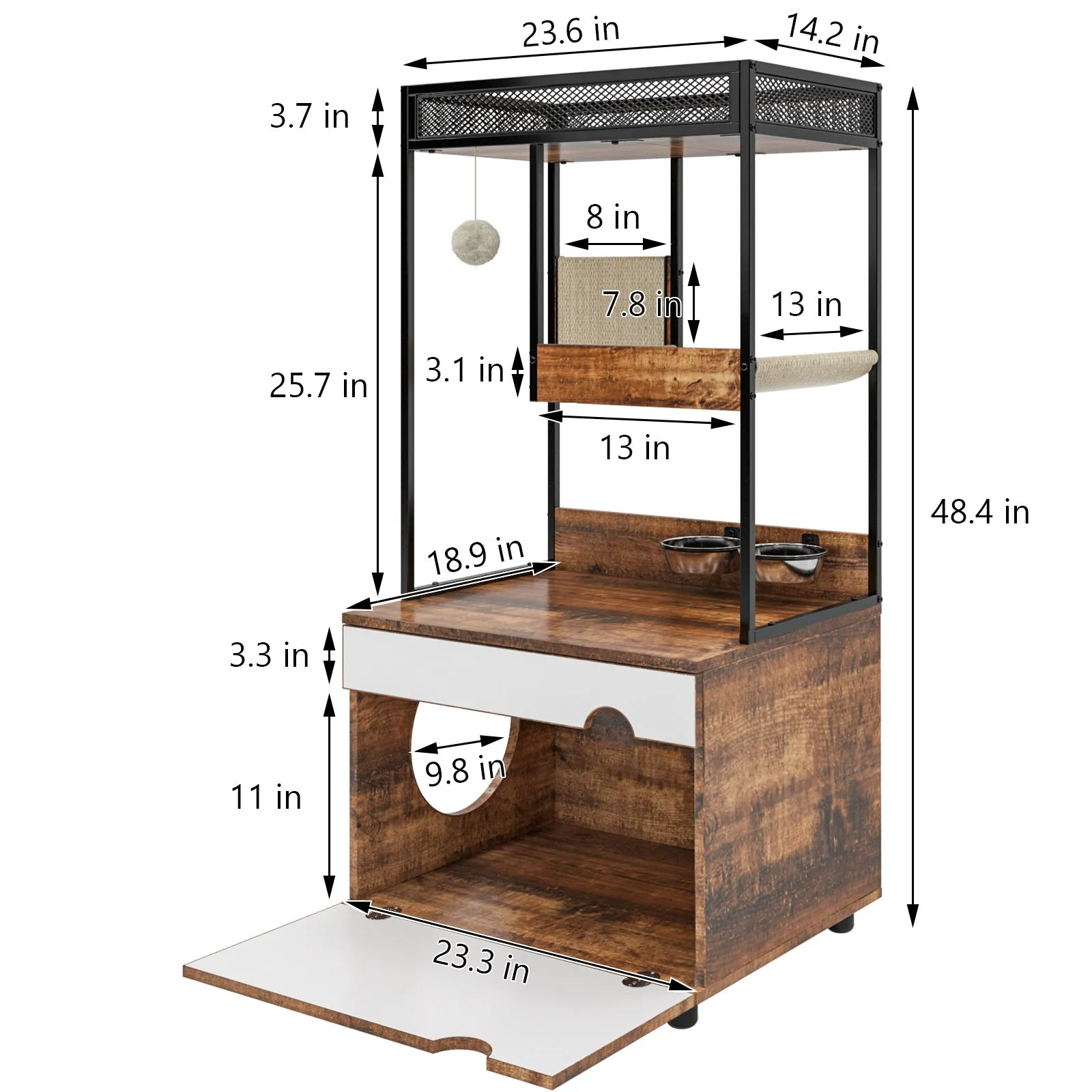 Hidden Cat Litter Box Enclosures with Cat Tree Tower, Cat Furniture with Scratching Pads and Large Storage Space, Industrial Cat Cabinet with Shelves and Doors, Rustic Brown