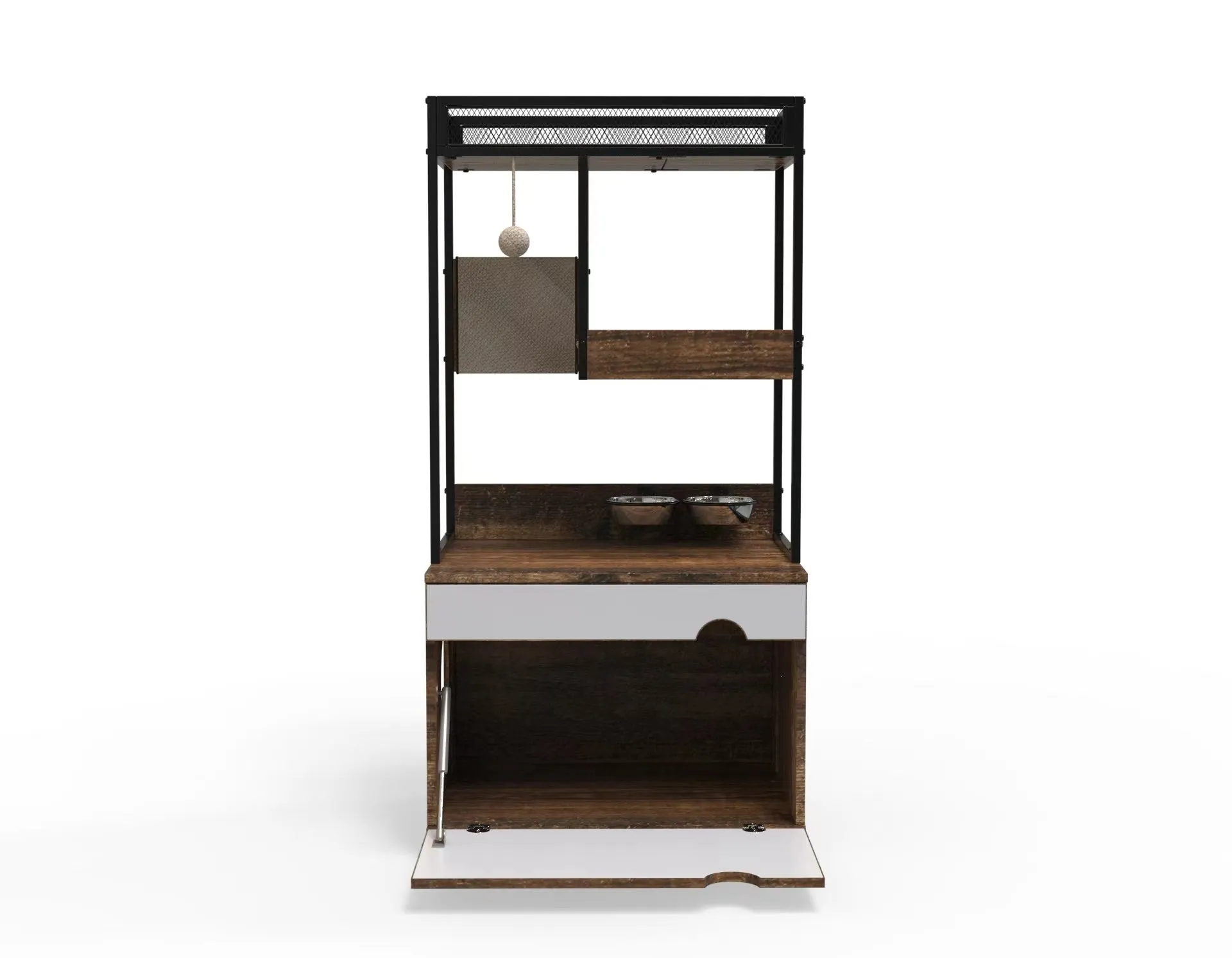 Hidden Cat Litter Box Enclosures with Cat Tree Tower, Cat Furniture with Scratching Pads and Large Storage Space, Industrial Cat Cabinet with Shelves and Doors, Rustic Brown