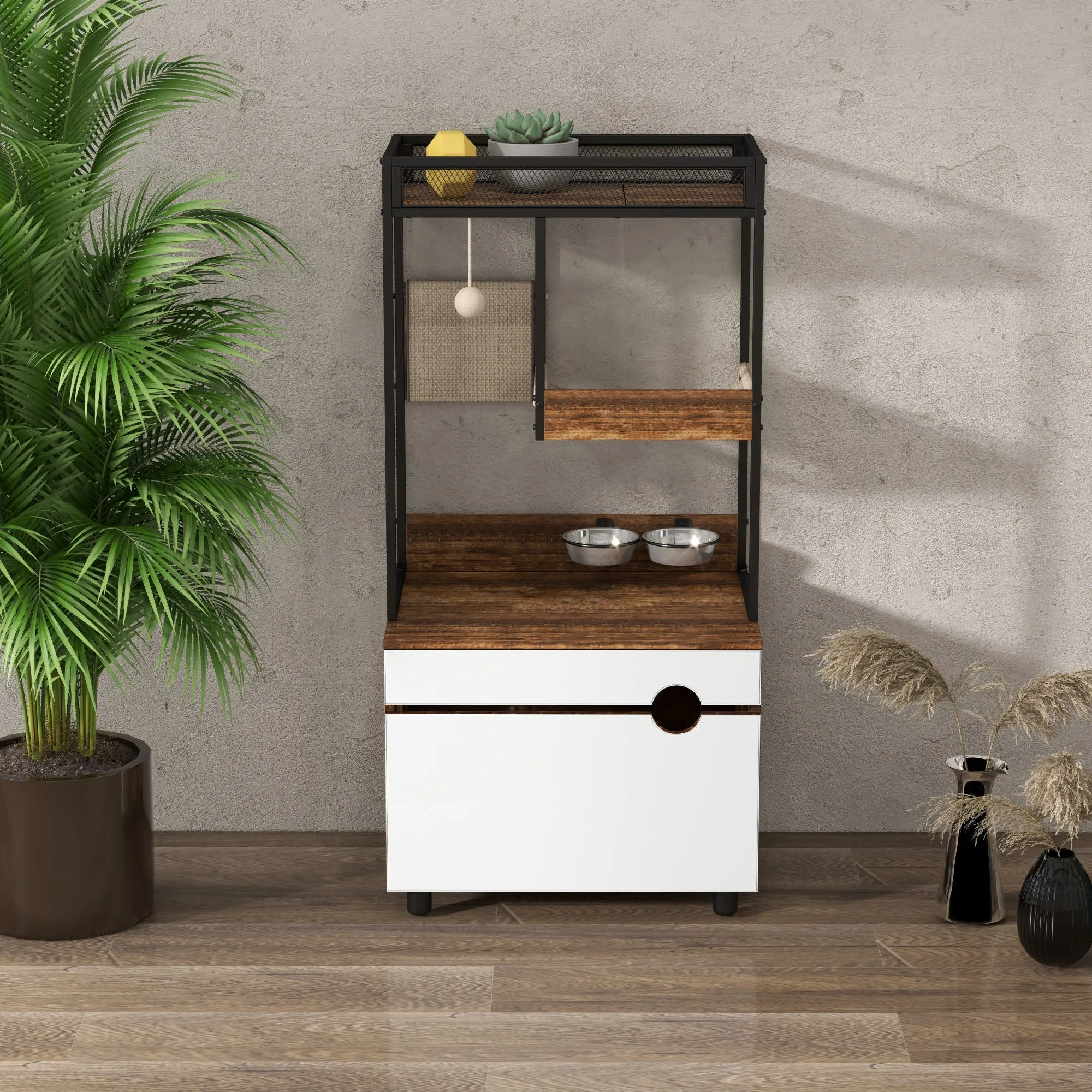 Hidden Cat Litter Box Enclosures with Cat Tree Tower, Cat Furniture with Scratching Pads and Large Storage Space, Industrial Cat Cabinet with Shelves and Doors, Rustic Brown