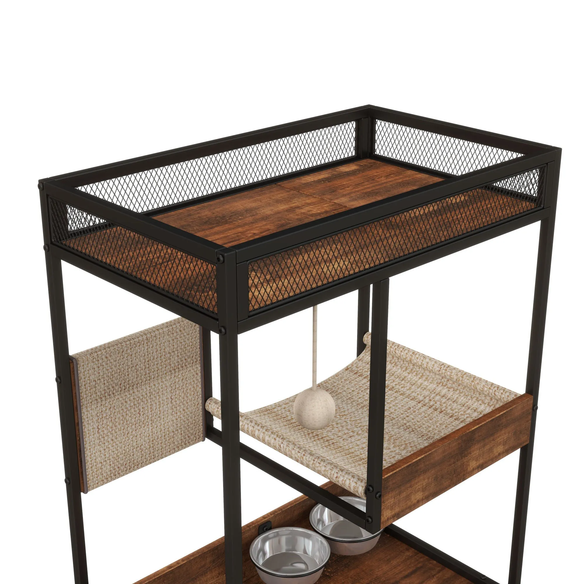 Hidden Cat Litter Box Enclosures with Cat Tree Tower, Cat Furniture with Scratching Pads and Large Storage Space, Industrial Cat Cabinet with Shelves and Doors, Rustic Brown