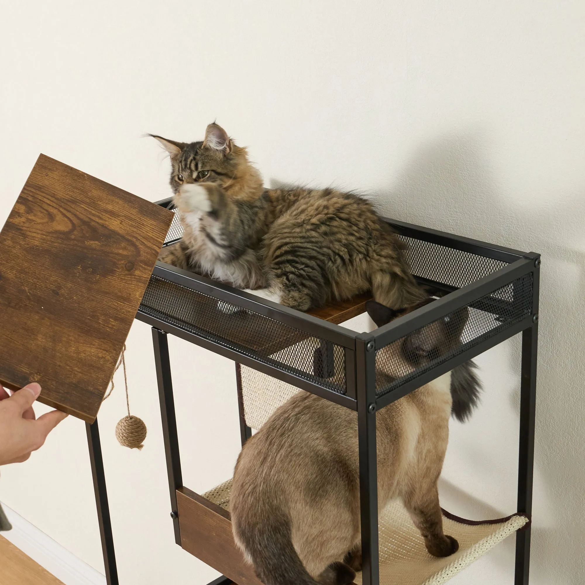 Hidden Cat Litter Box Enclosures with Cat Tree Tower, Cat Furniture with Scratching Pads and Large Storage Space, Industrial Cat Cabinet with Shelves and Doors, Rustic Brown