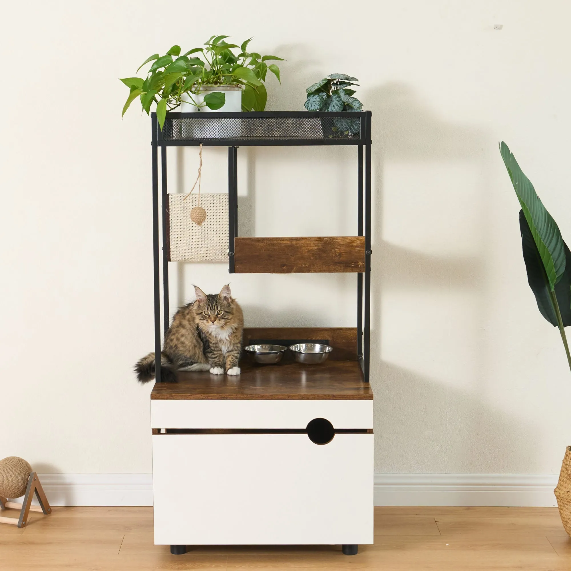 Hidden Cat Litter Box Enclosures with Cat Tree Tower, Cat Furniture with Scratching Pads and Large Storage Space, Industrial Cat Cabinet with Shelves and Doors, Rustic Brown