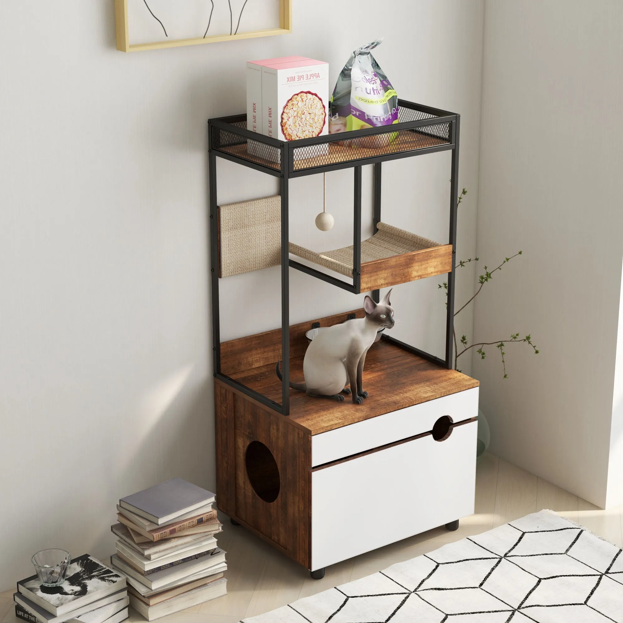 Hidden Cat Litter Box Enclosures with Cat Tree Tower, Cat Furniture with Scratching Pads and Large Storage Space, Industrial Cat Cabinet with Shelves and Doors, Rustic Brown