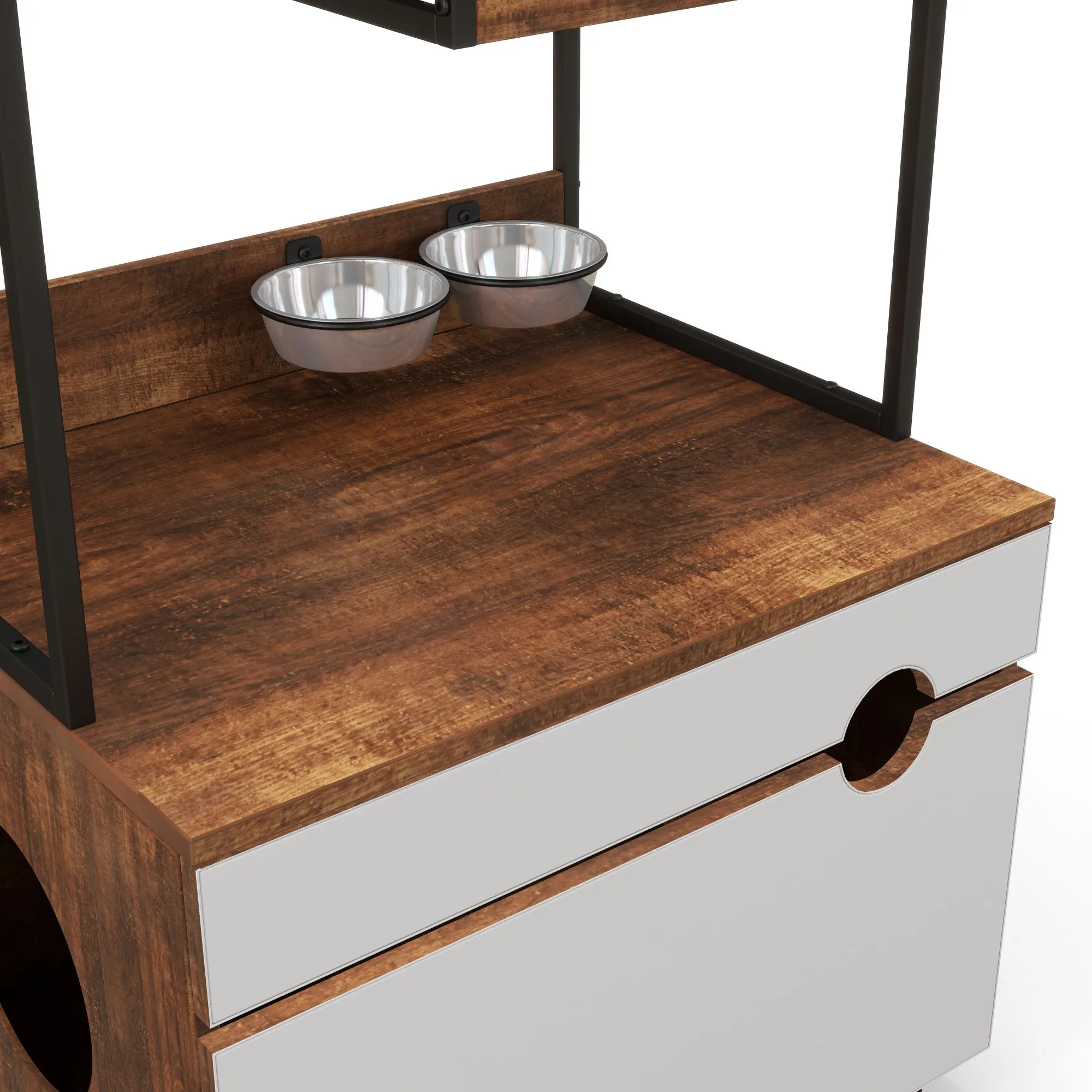 Hidden Cat Litter Box Enclosures with Cat Tree Tower, Cat Furniture with Scratching Pads and Large Storage Space, Industrial Cat Cabinet with Shelves and Doors, Rustic Brown