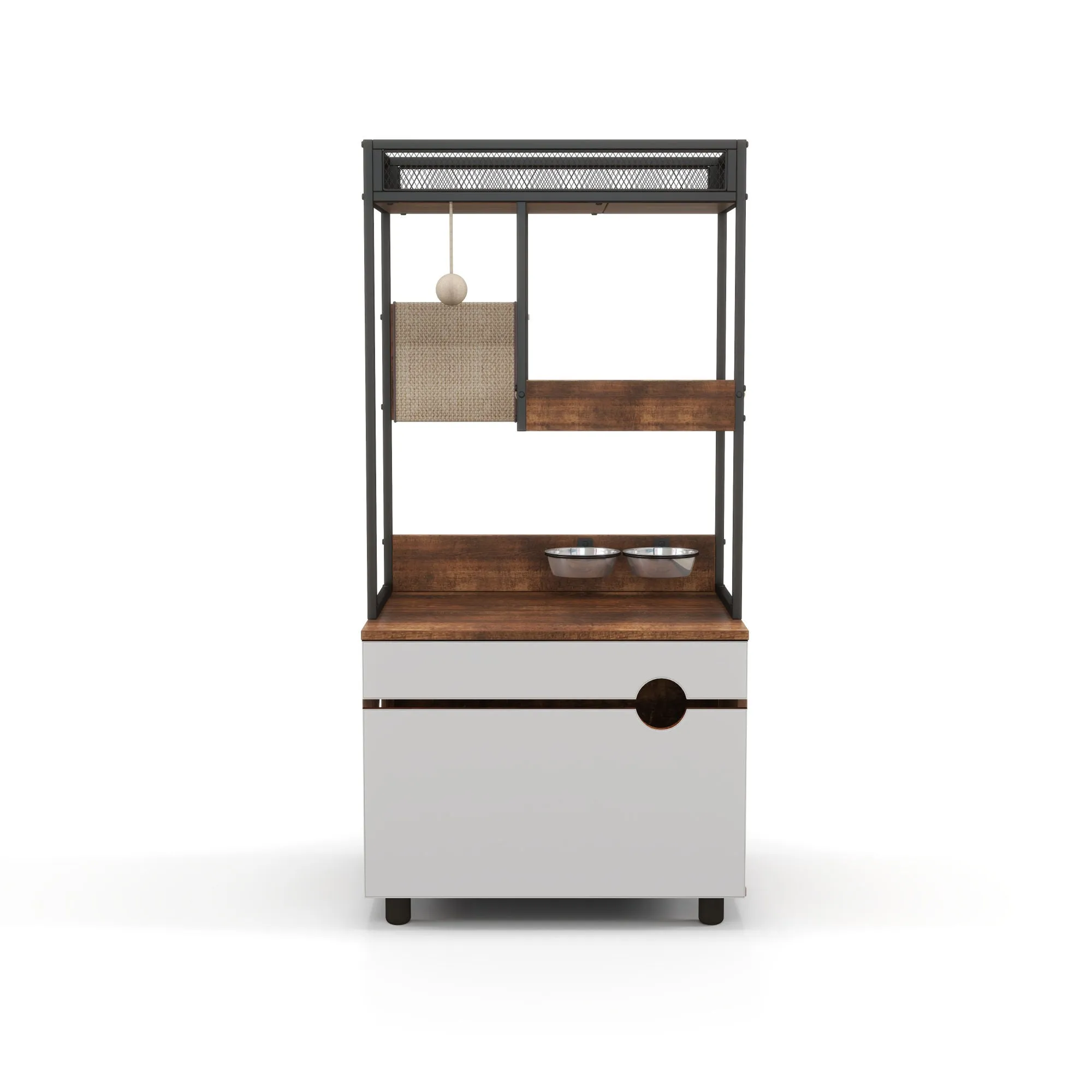 Hidden Cat Litter Box Enclosures with Cat Tree Tower, Cat Furniture with Scratching Pads and Large Storage Space, Industrial Cat Cabinet with Shelves and Doors, Rustic Brown